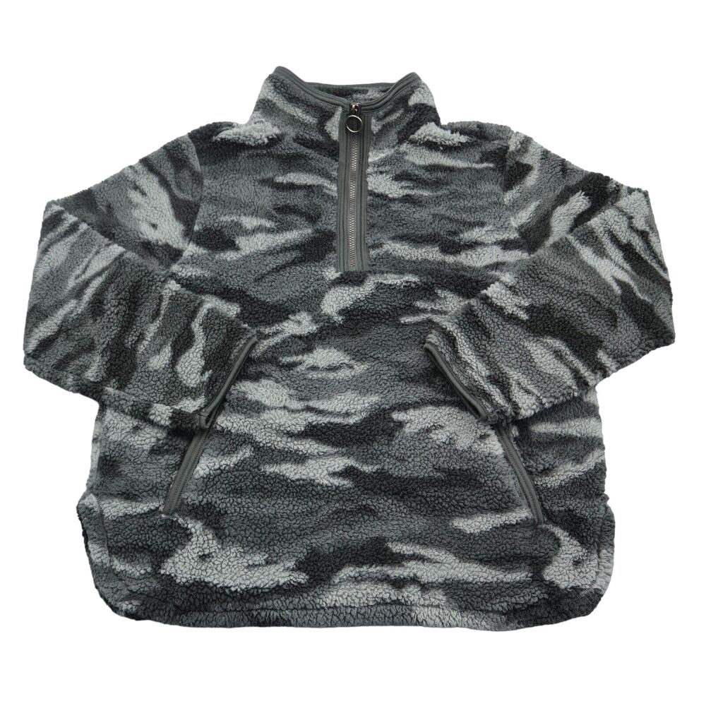 Cozy SHERPA Sweater Womens 2XL Gray Mock Neck Zip Fleece Camouflage Pocket